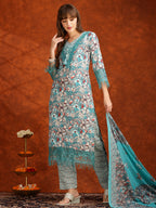 Flower Embellished And Printed Pakistani Kurta With Pant & Dupatta, Aqua-Blue - Hiral Fashion | Grocsy
