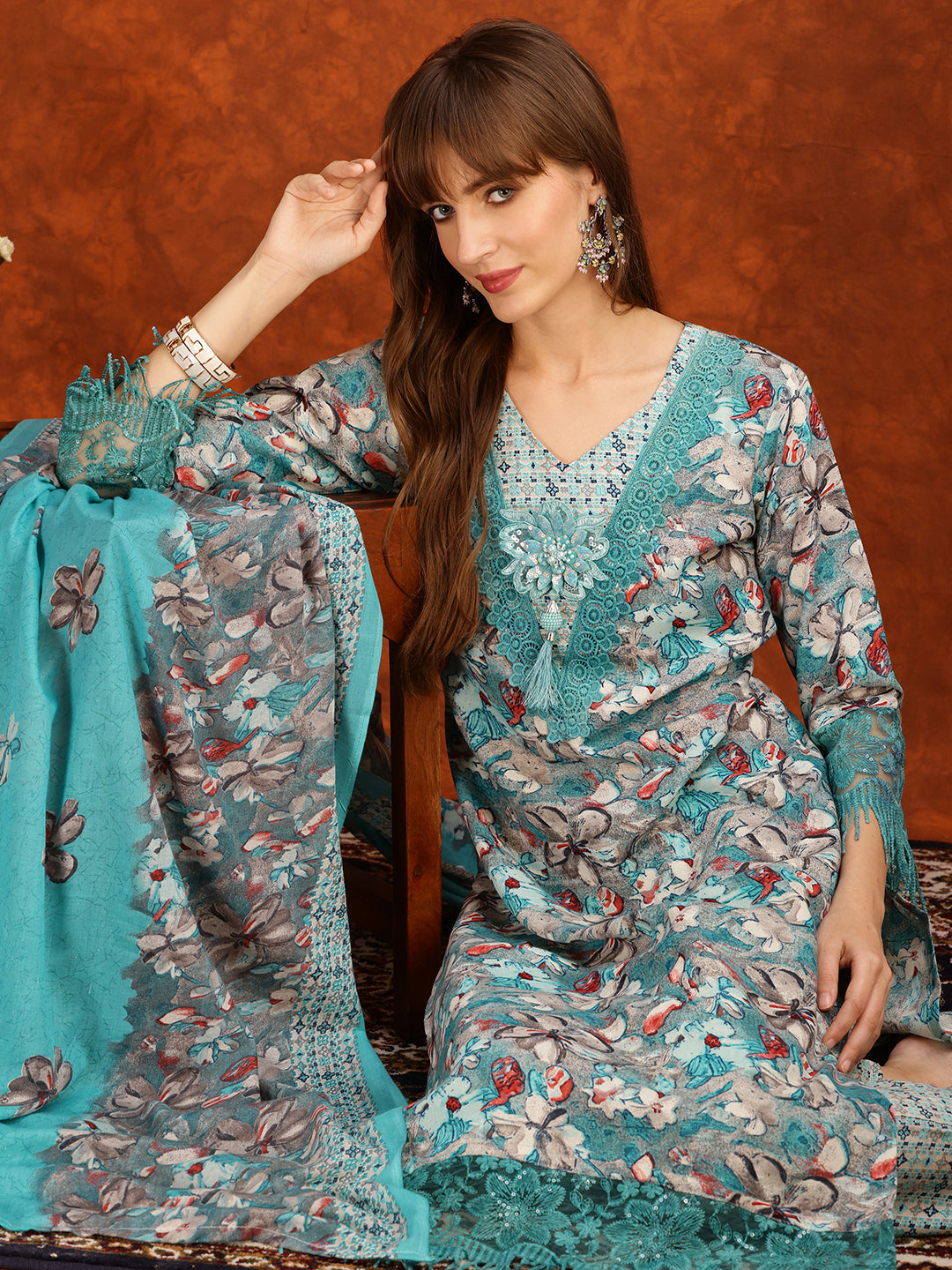 Flower Embellished And Printed Pakistani Kurta With Pant & Dupatta, Aqua-Blue - Hiral Fashion | Grocsy
