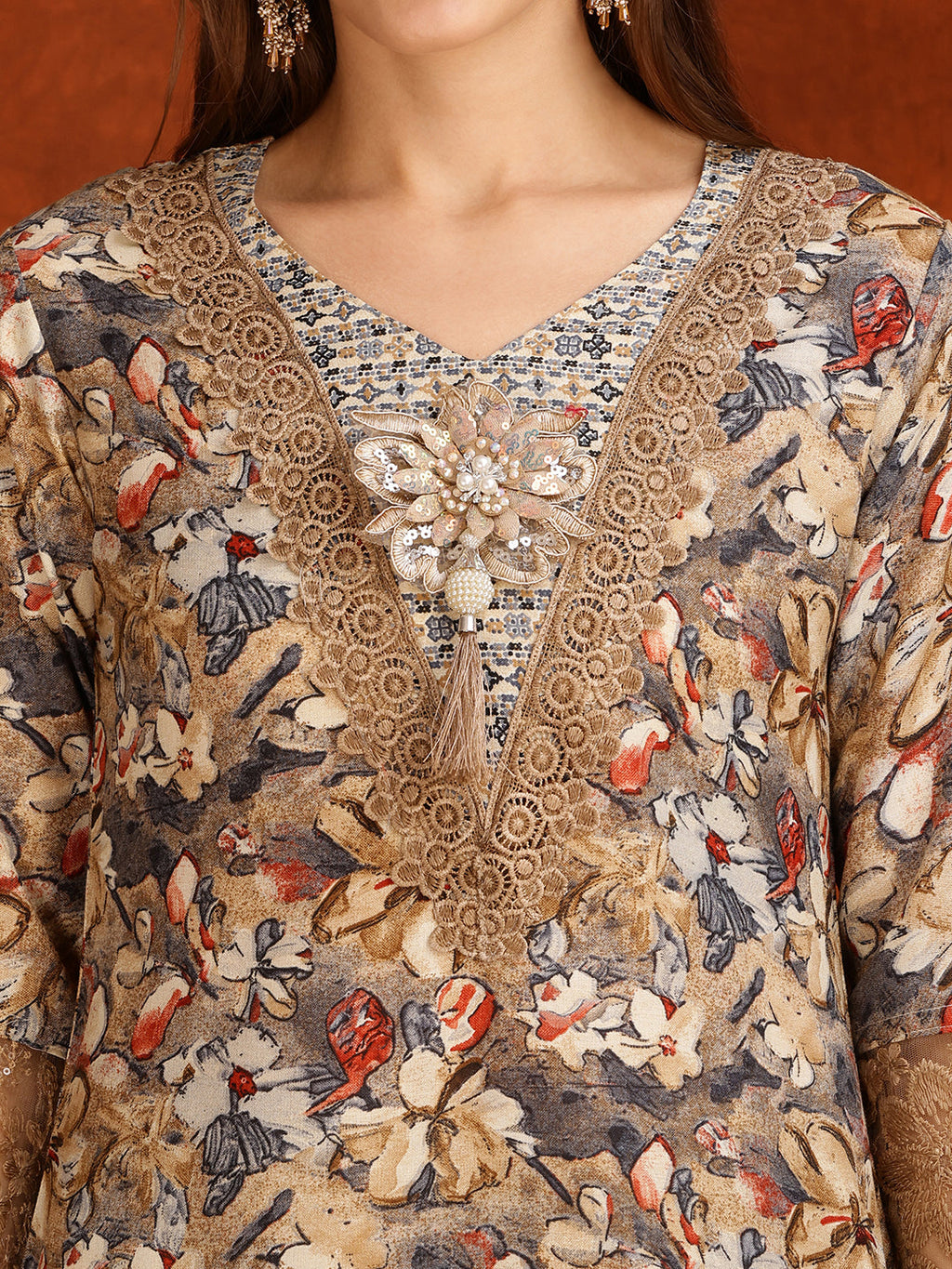 Flower Embellished And Printed Pakistani Kurta With Pant & Dupatta, Brown - Hiral Fashion | Grocsy