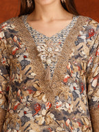 Flower Embellished And Printed Pakistani Kurta With Pant & Dupatta, Brown - Hiral Fashion | Grocsy