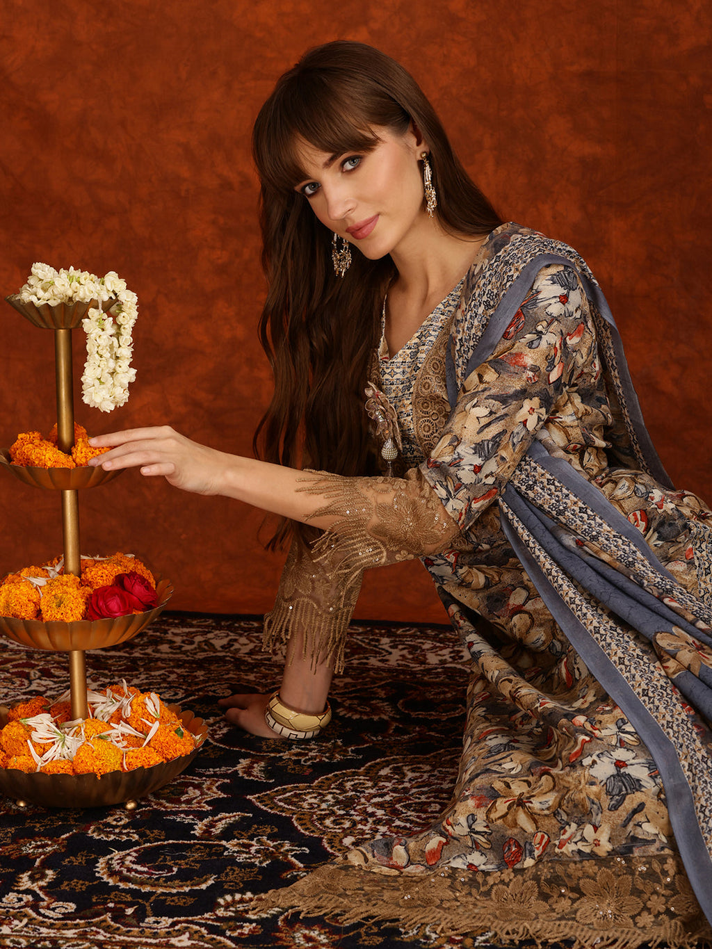 Flower Embellished And Printed Pakistani Kurta With Pant & Dupatta, Brown - Hiral Fashion | Grocsy