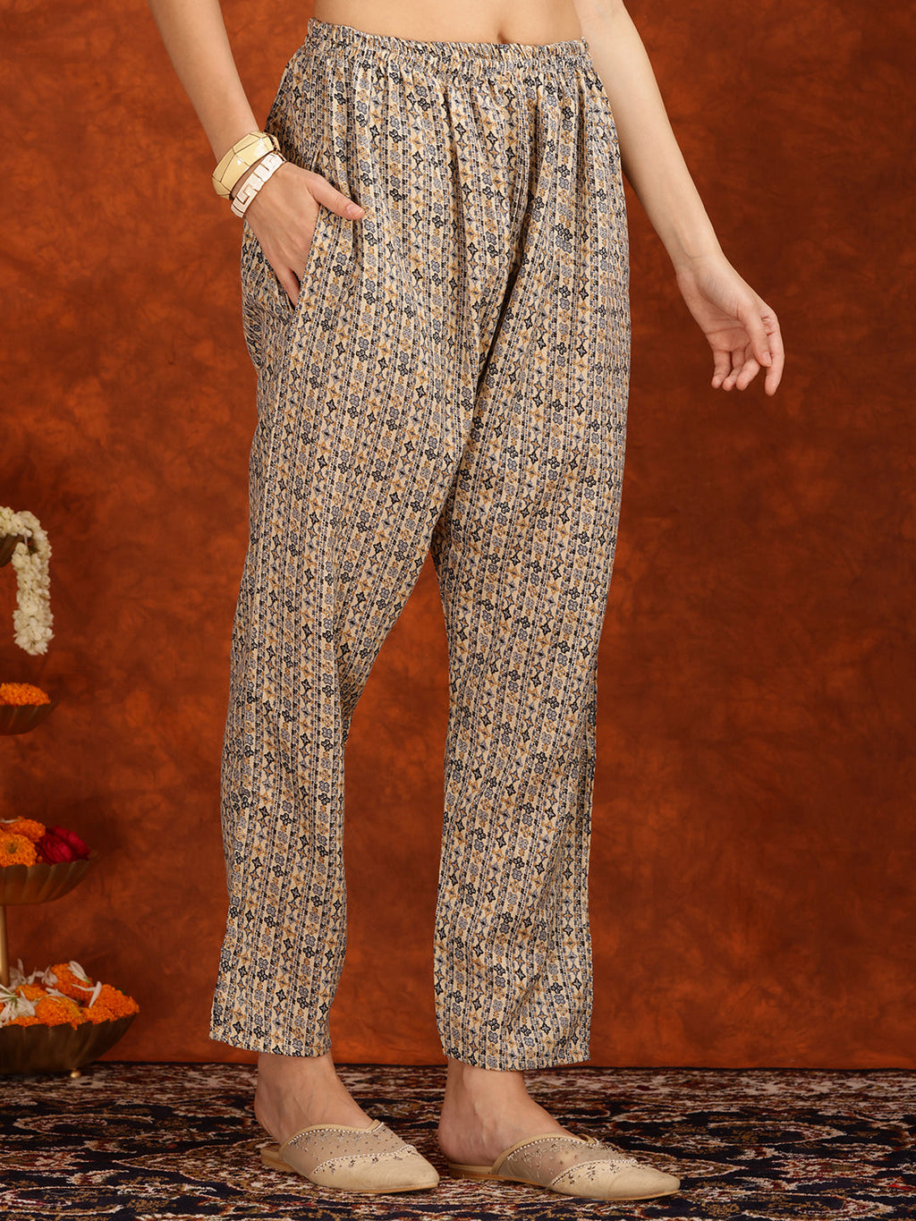 Flower Embellished And Printed Pakistani Kurta With Pant & Dupatta, Brown - Hiral Fashion | Grocsy
