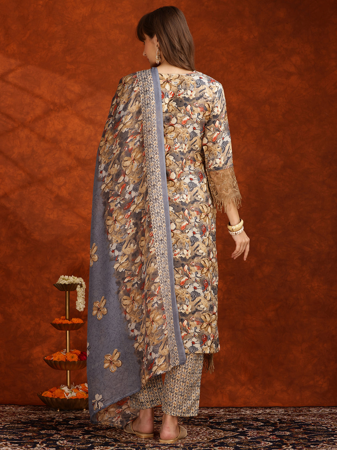 Flower Embellished And Printed Pakistani Kurta With Pant & Dupatta, Brown - Hiral Fashion | Grocsy