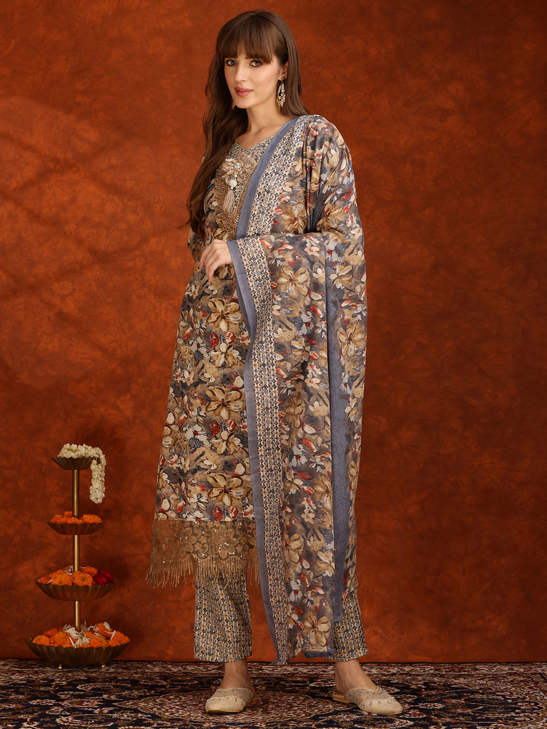 Flower Embellished And Printed Pakistani Kurta With Pant & Dupatta, Brown - Hiral Fashion | Grocsy
