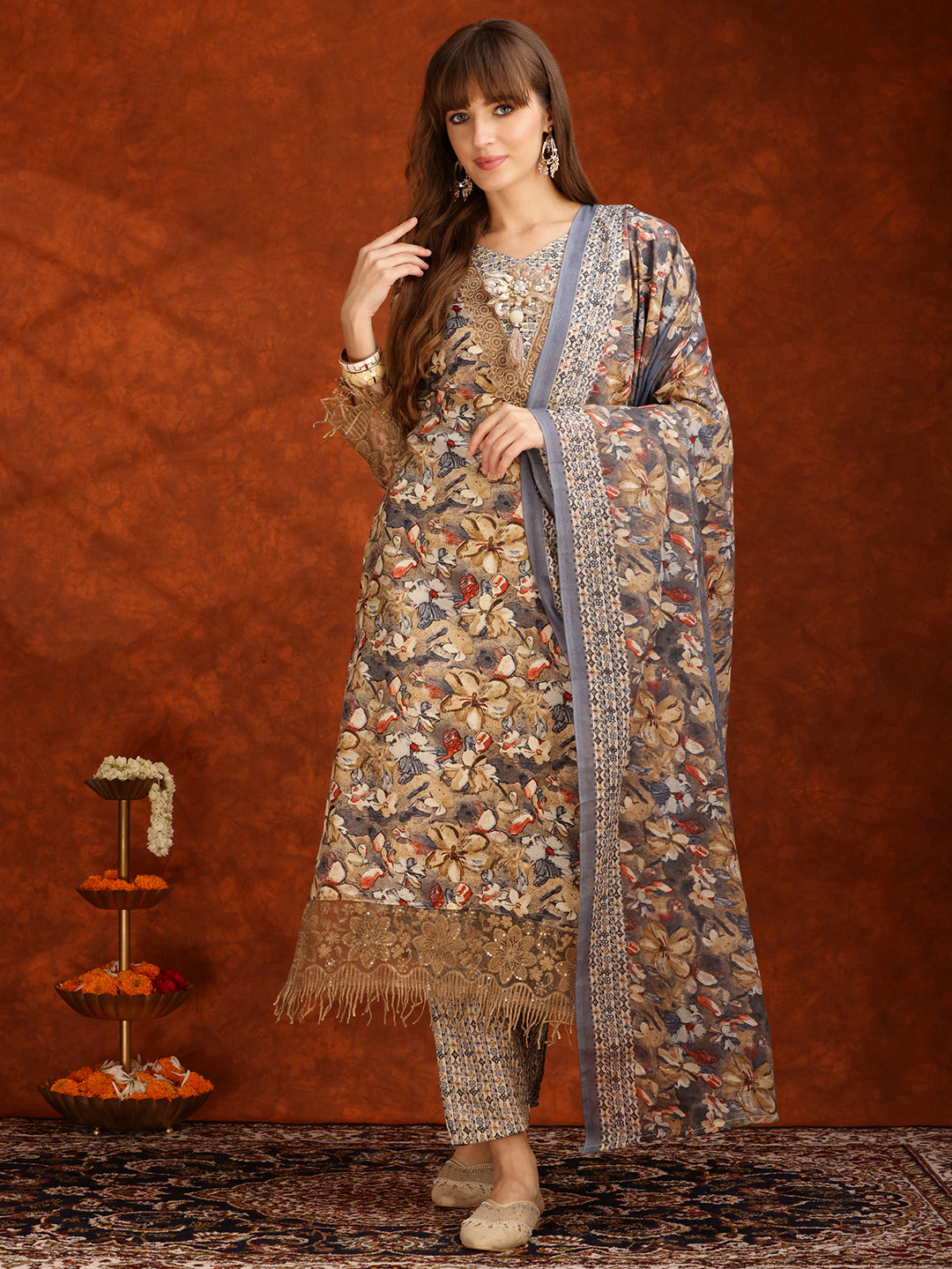 Flower Embellished And Printed Pakistani Kurta With Pant & Dupatta, Brown - Hiral Fashion | Grocsy