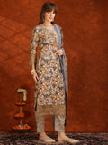 Flower Embellished And Printed Pakistani Kurta With Pant & Dupatta, Brown - Hiral Fashion | Grocsy