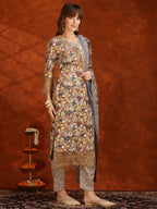 Flower Embellished And Printed Pakistani Kurta With Pant & Dupatta, Brown - Hiral Fashion | Grocsy