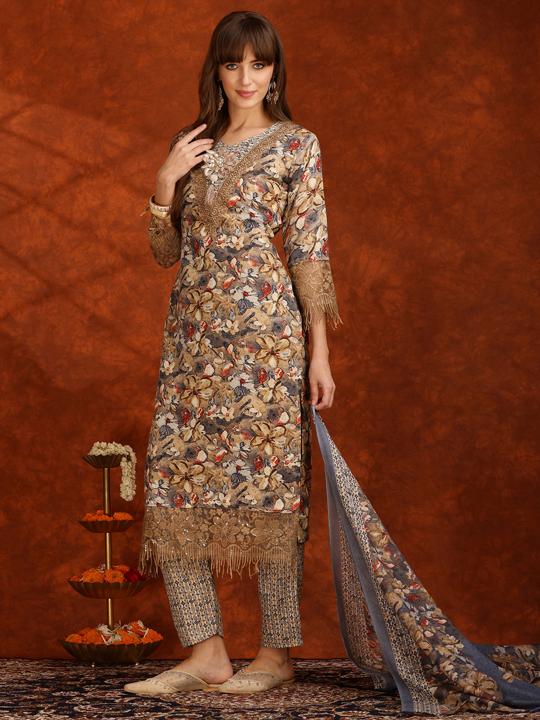 Flower Embellished And Printed Pakistani Kurta With Pant & Dupatta, Brown - Hiral Fashion | Grocsy