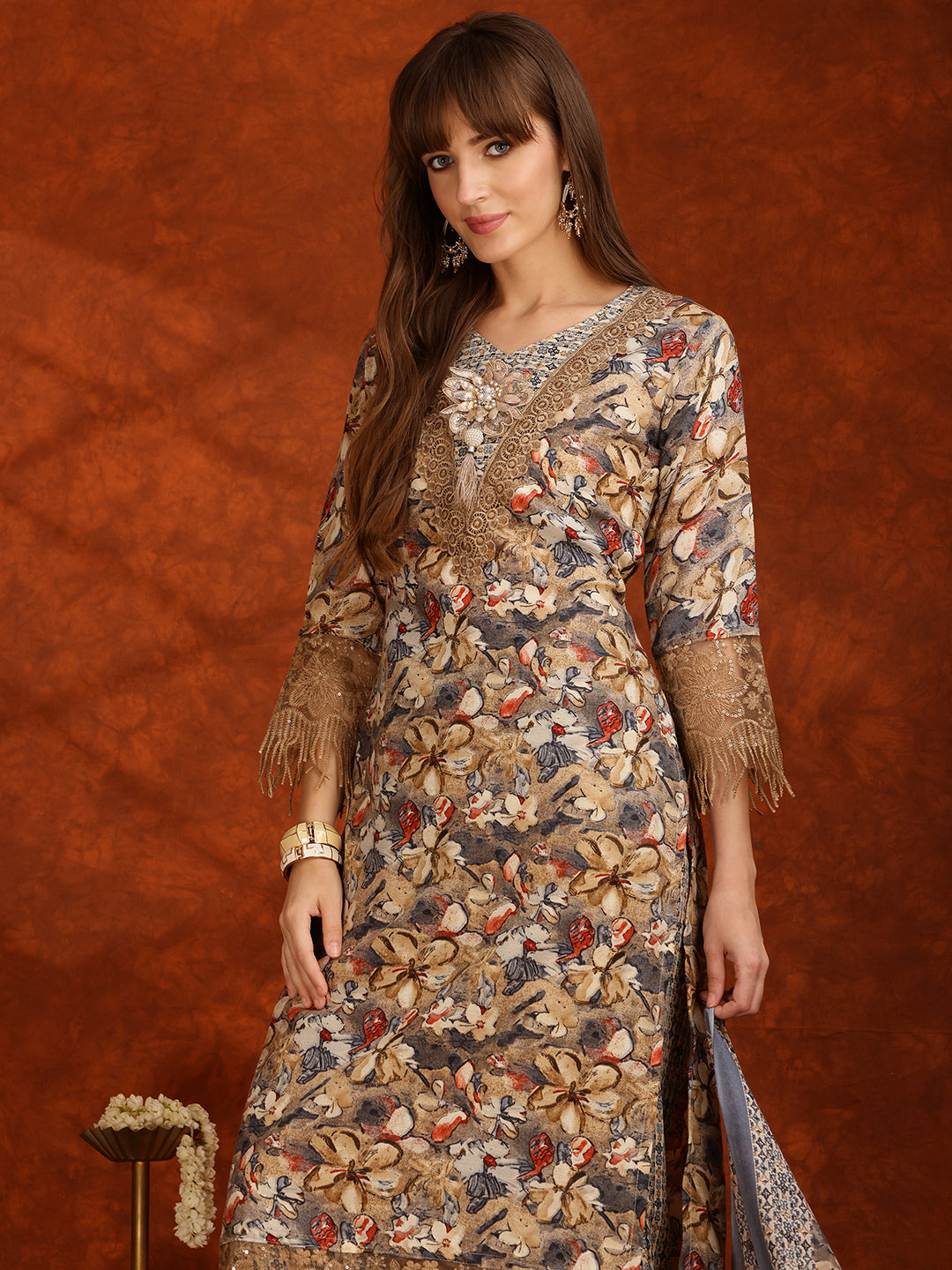 Flower Embellished And Printed Pakistani Kurta With Pant & Dupatta, Brown - Hiral Fashion | Grocsy