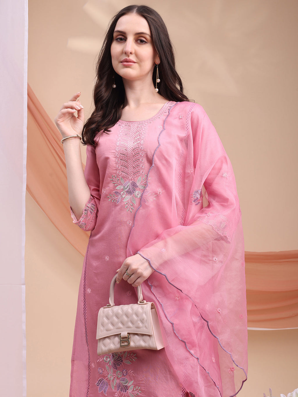 Embroidered Kurta With Pant & Organza Embroidered Dupatta, Pink - Hiral Fashion | Grocsy