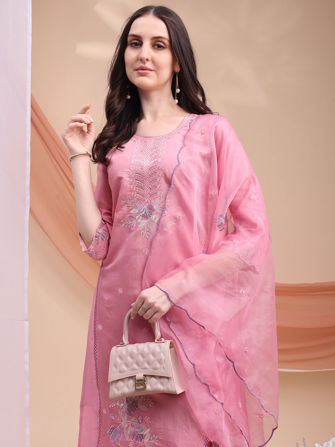 Embroidered Kurta With Pant & Organza Embroidered Dupatta, Pink - Hiral Fashion | Grocsy