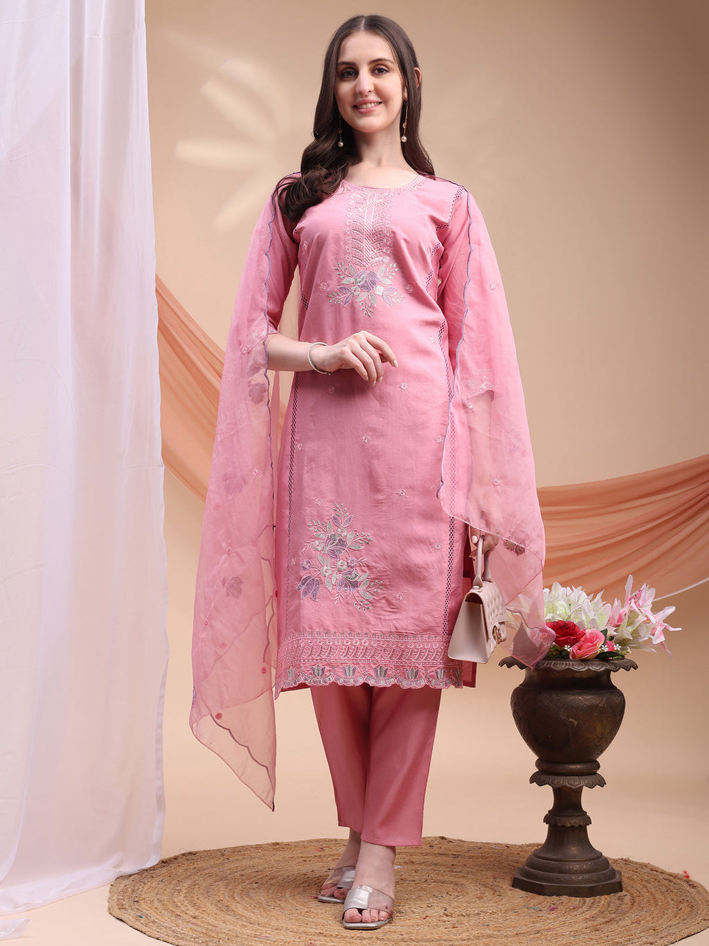 Embroidered Kurta With Pant & Organza Embroidered Dupatta, Pink - Hiral Fashion | Grocsy