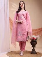 Embroidered Kurta With Pant & Organza Embroidered Dupatta, Pink - Hiral Fashion | Grocsy