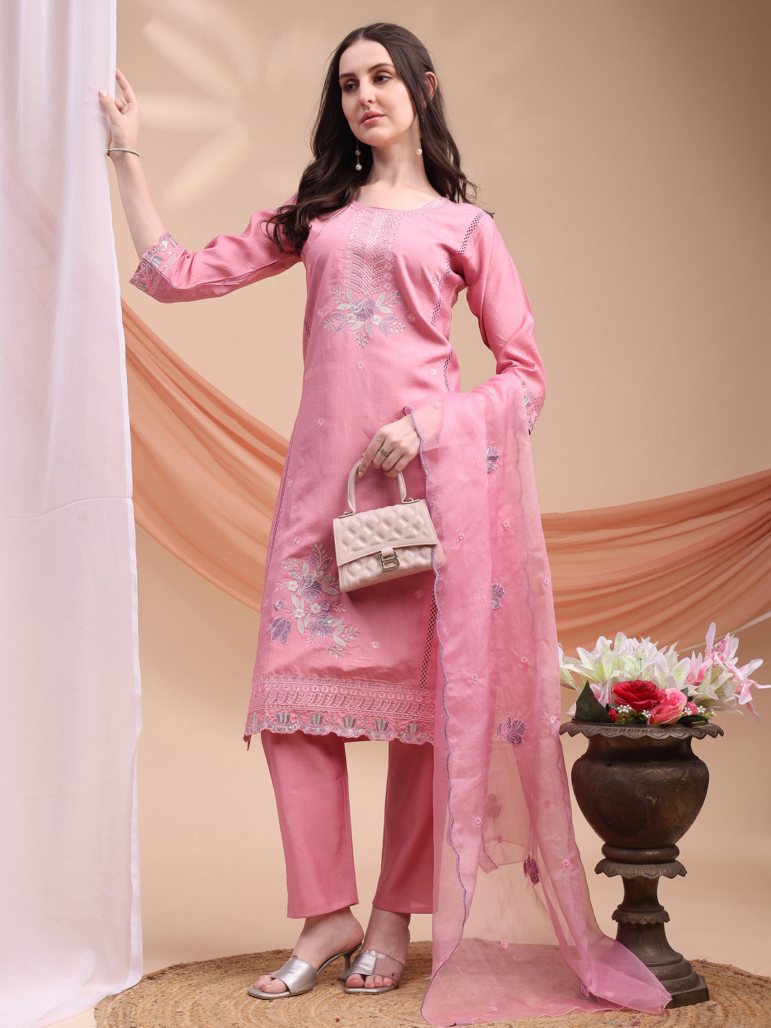 Embroidered Kurta With Pant & Organza Embroidered Dupatta, Pink - Hiral Fashion | Grocsy