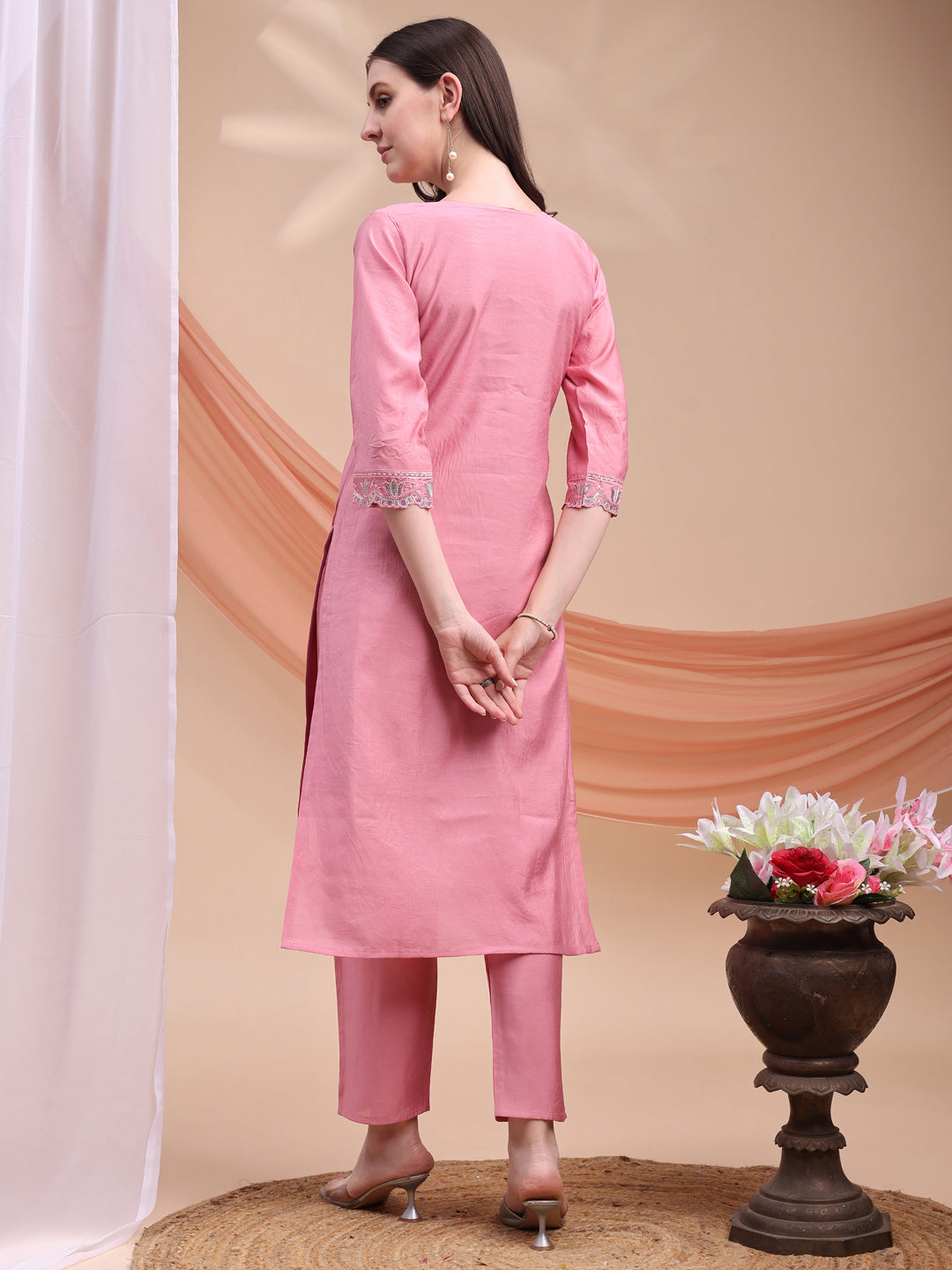 Embroidered Kurta With Pant & Organza Embroidered Dupatta, Pink - Hiral Fashion | Grocsy