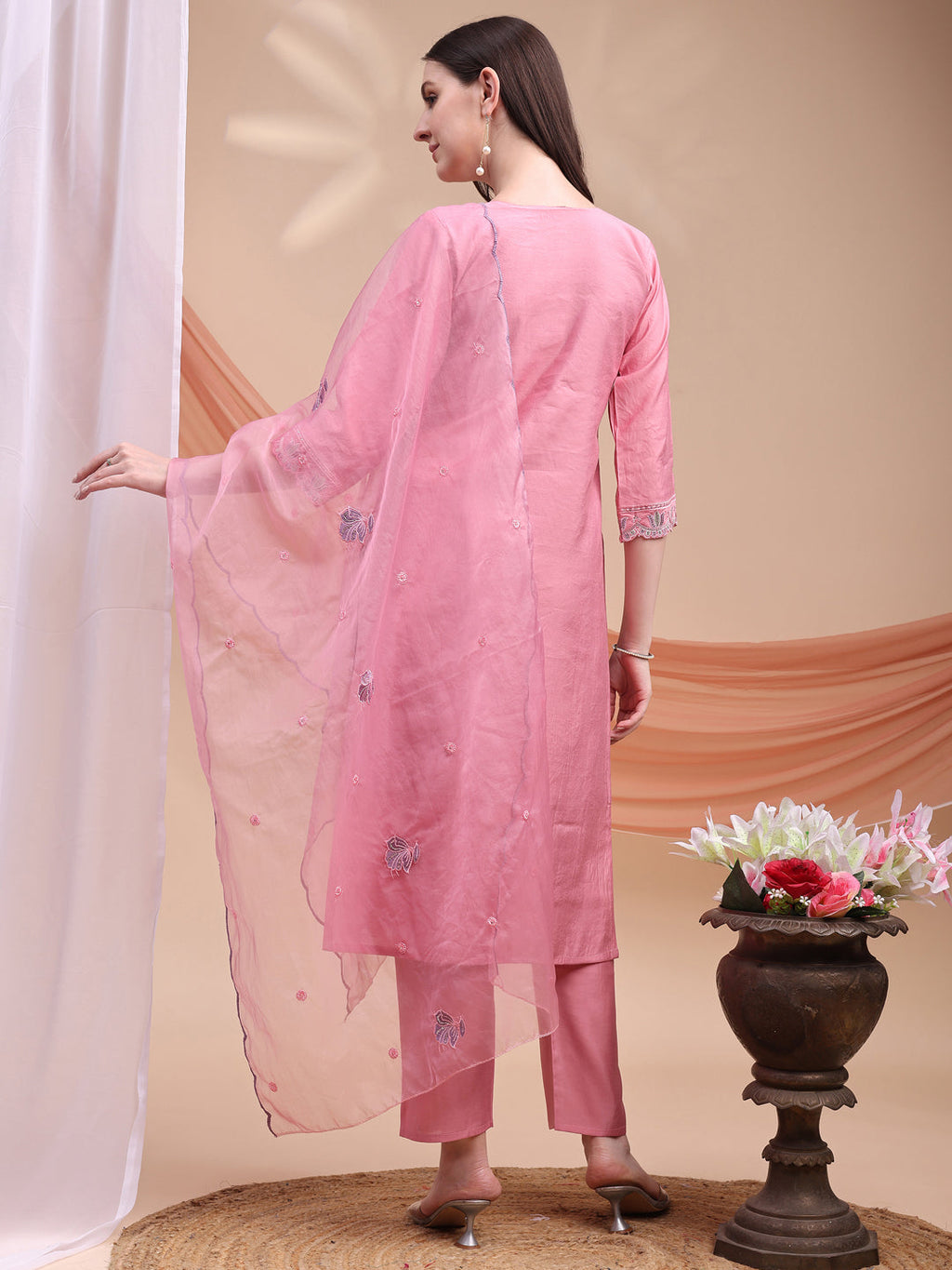 Embroidered Kurta With Pant & Organza Embroidered Dupatta, Pink - Hiral Fashion | Grocsy