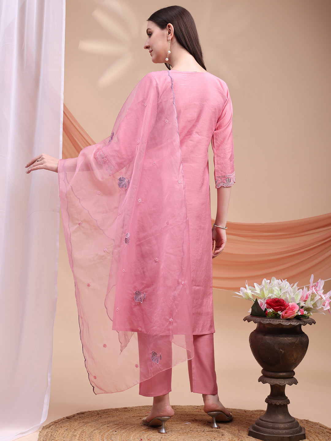 Embroidered Kurta With Pant & Organza Embroidered Dupatta, Pink - Hiral Fashion | Grocsy