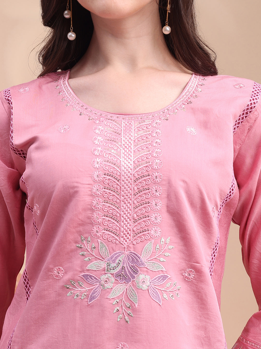 Embroidered Kurta With Pant & Organza Embroidered Dupatta, Pink - Hiral Fashion | Grocsy