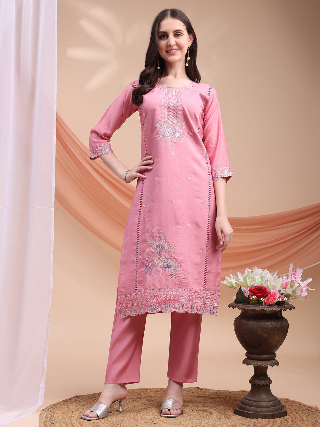 Embroidered Kurta With Pant & Organza Embroidered Dupatta, Pink - Hiral Fashion | Grocsy
