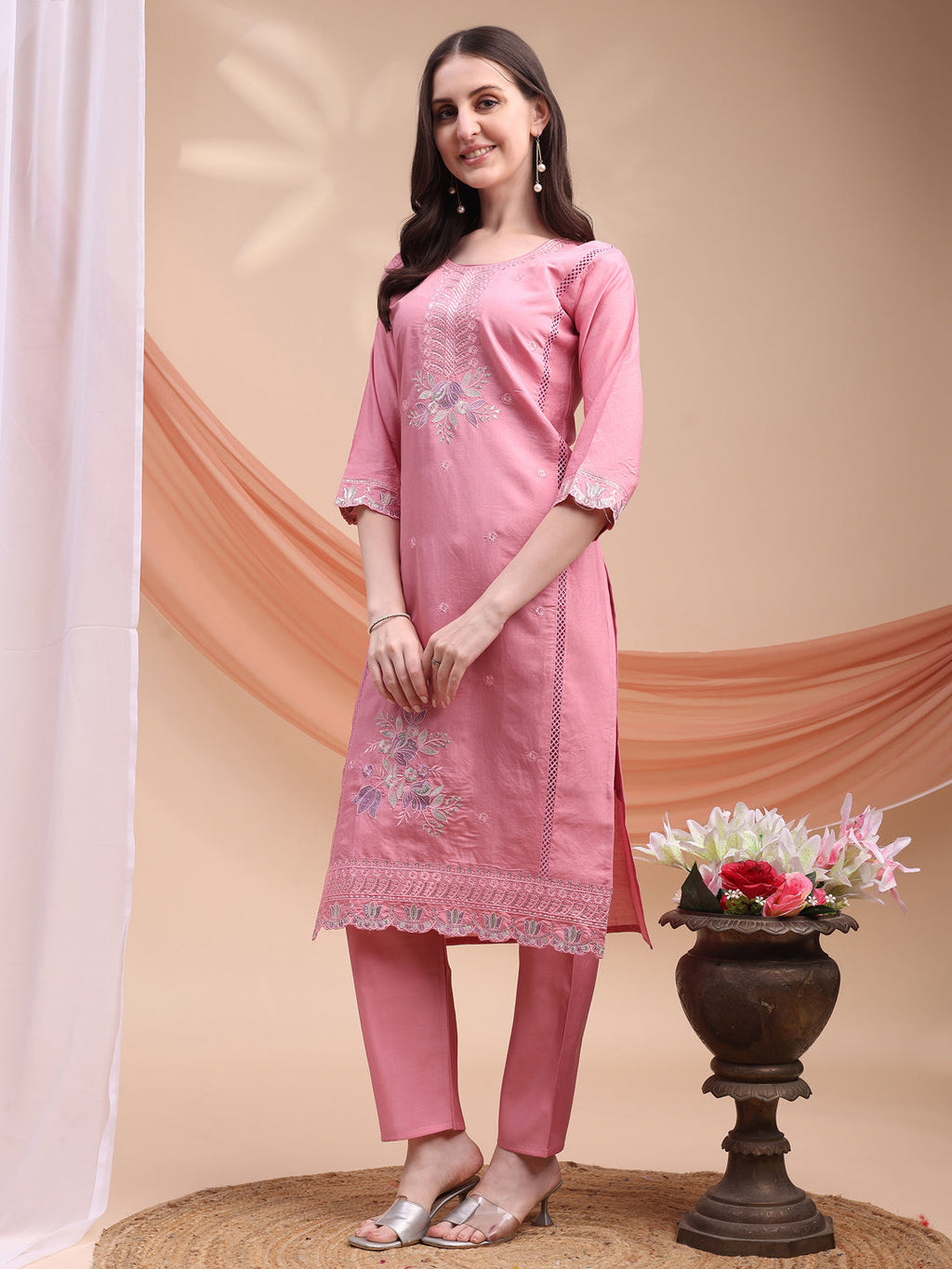 Embroidered Kurta With Pant & Organza Embroidered Dupatta, Pink - Hiral Fashion | Grocsy