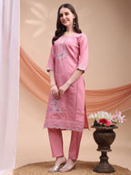 Embroidered Kurta With Pant & Organza Embroidered Dupatta, Pink - Hiral Fashion | Grocsy