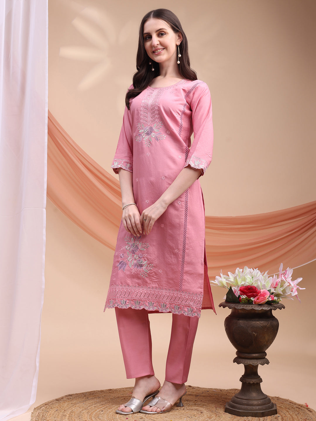 Embroidered Kurta With Pant & Organza Embroidered Dupatta, Pink - Hiral Fashion | Grocsy