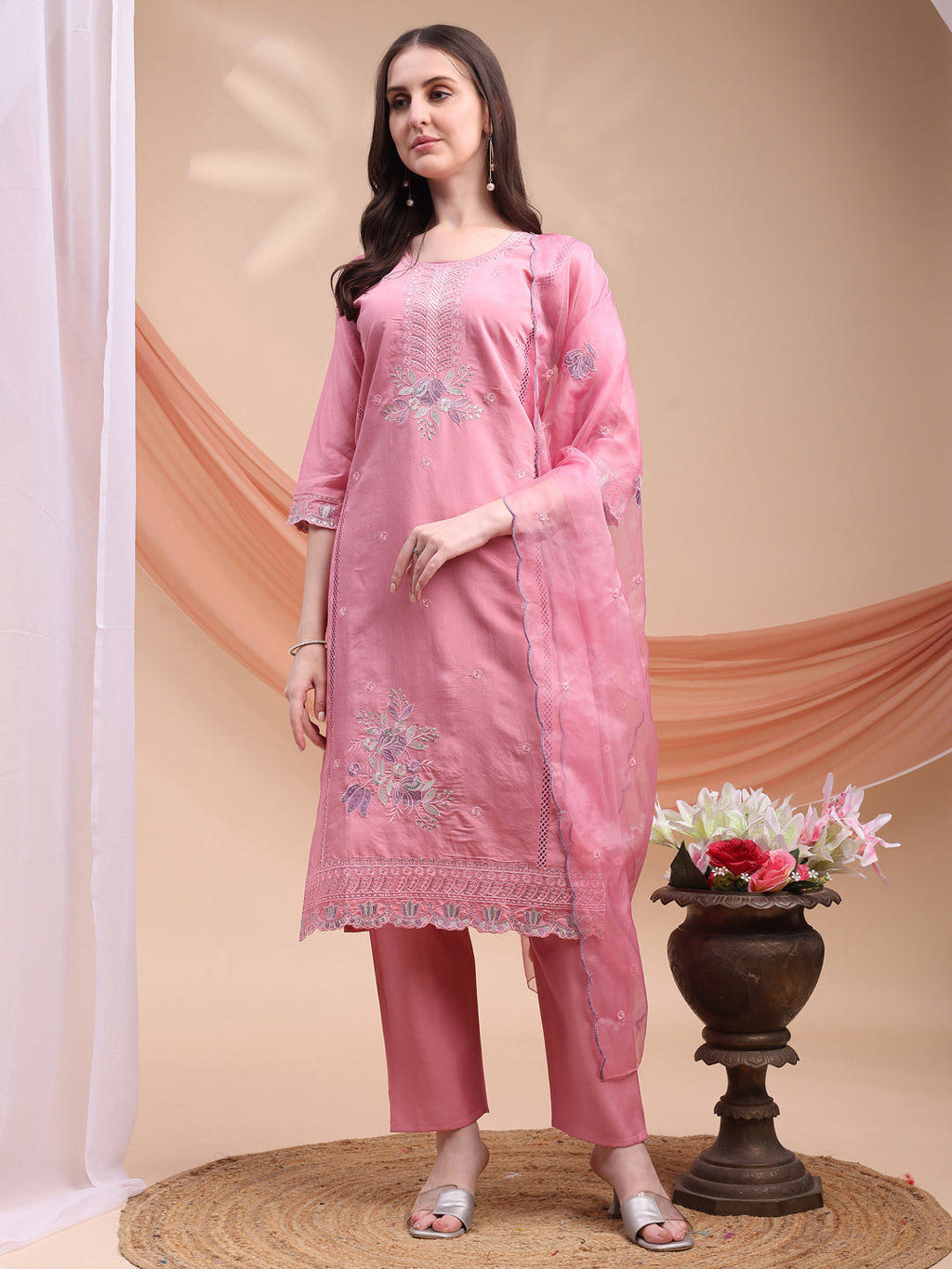 Embroidered Kurta With Pant & Organza Embroidered Dupatta, Pink - Hiral Fashion | Grocsy