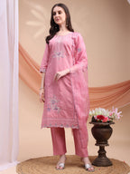 Embroidered Kurta With Pant & Organza Embroidered Dupatta, Pink - Hiral Fashion | Grocsy