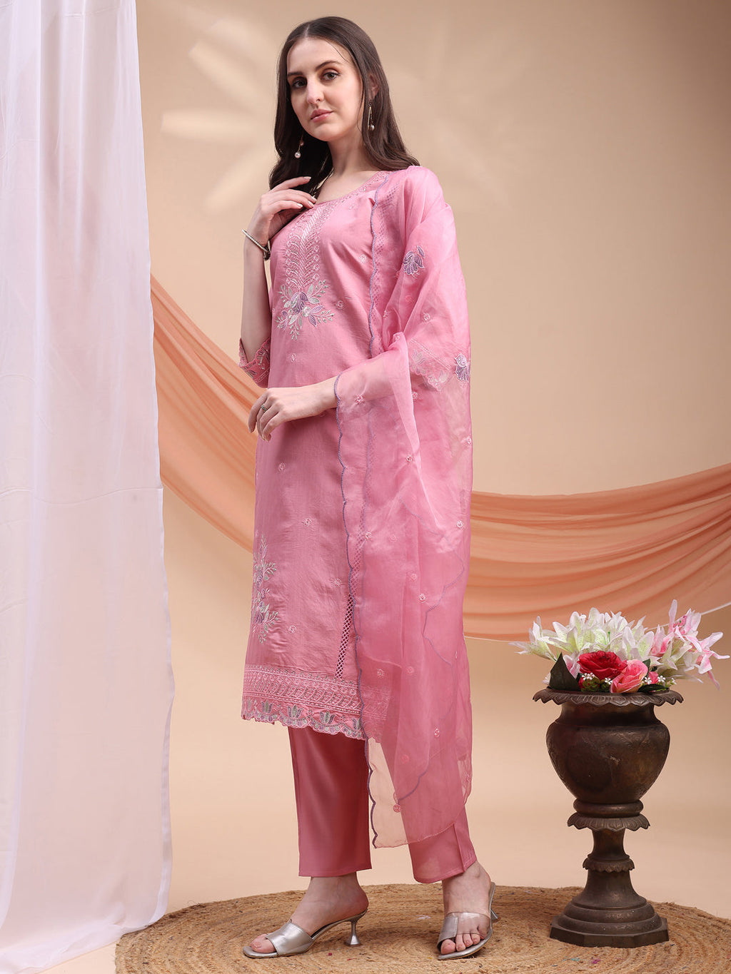 Embroidered Kurta With Pant & Organza Embroidered Dupatta, Pink - Hiral Fashion | Grocsy