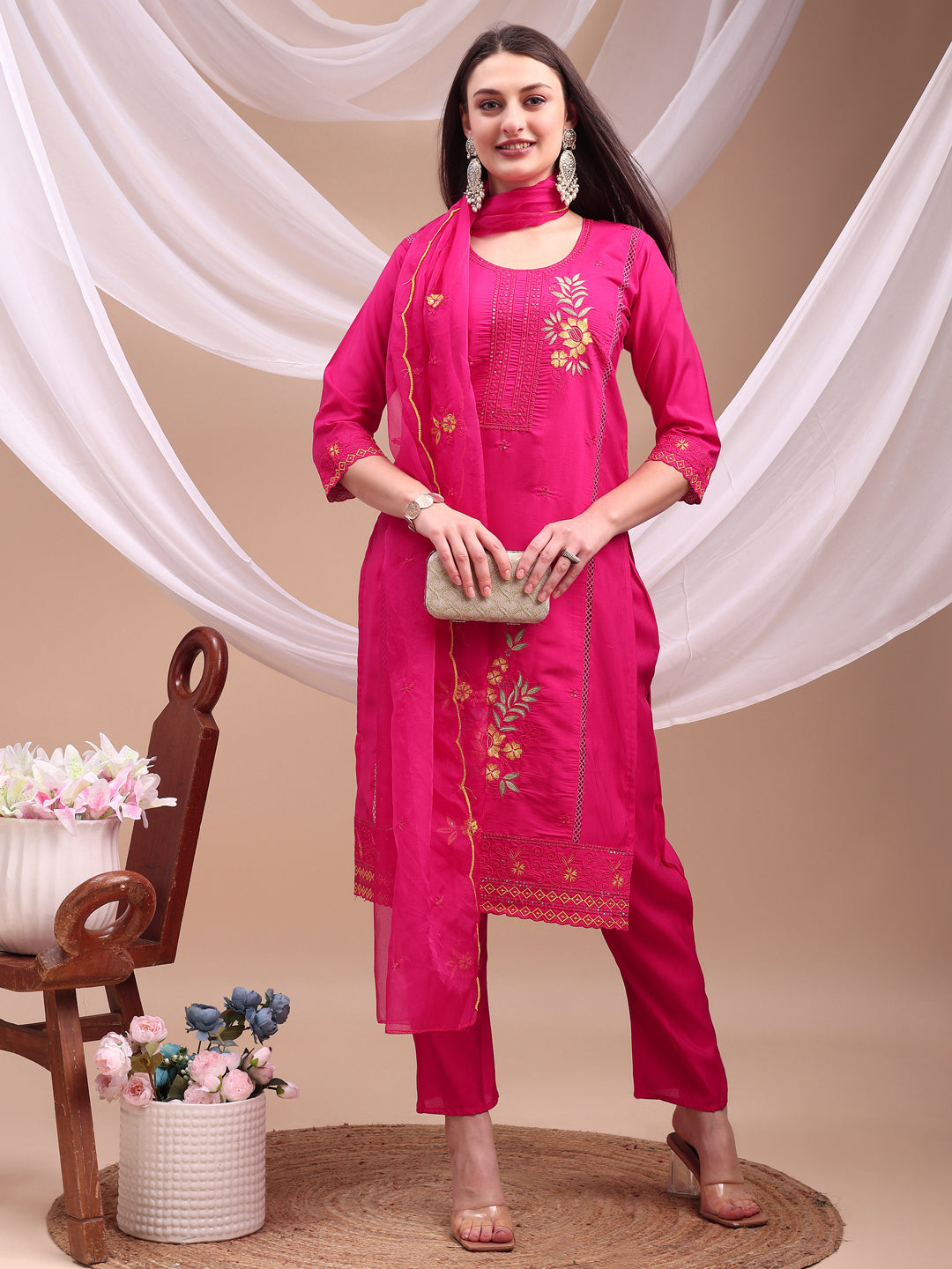 Embroidered Kurta With Pant & Organza Embroidered Dupatta, Pink - Hiral Fashion | Grocsy