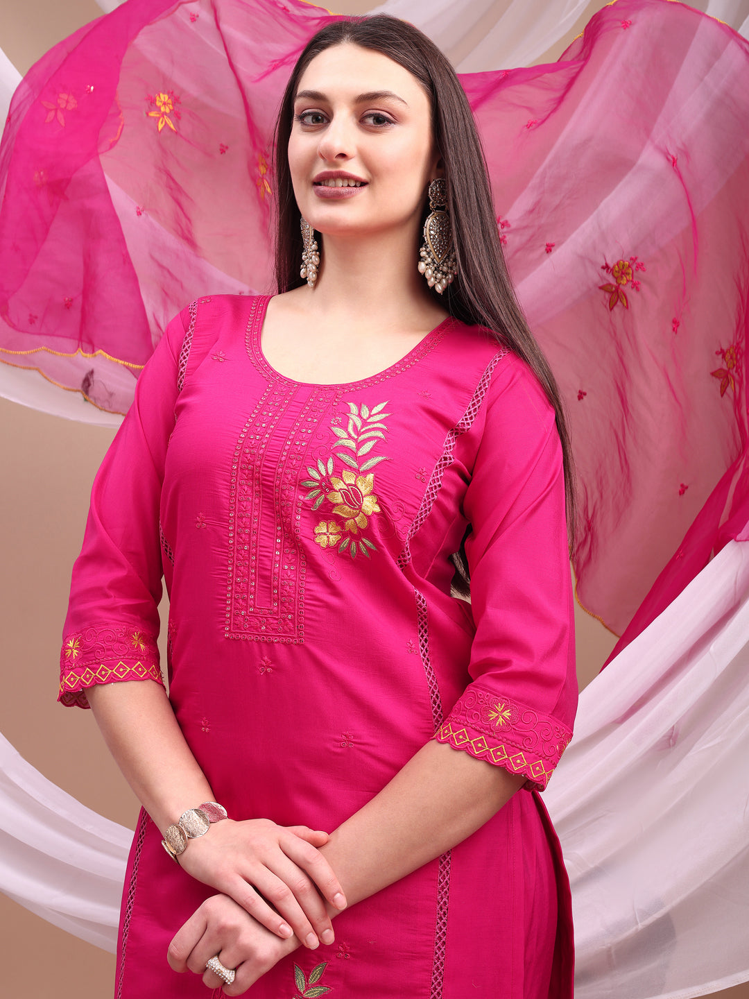 Embroidered Kurta With Pant & Organza Embroidered Dupatta, Pink - Hiral Fashion | Grocsy