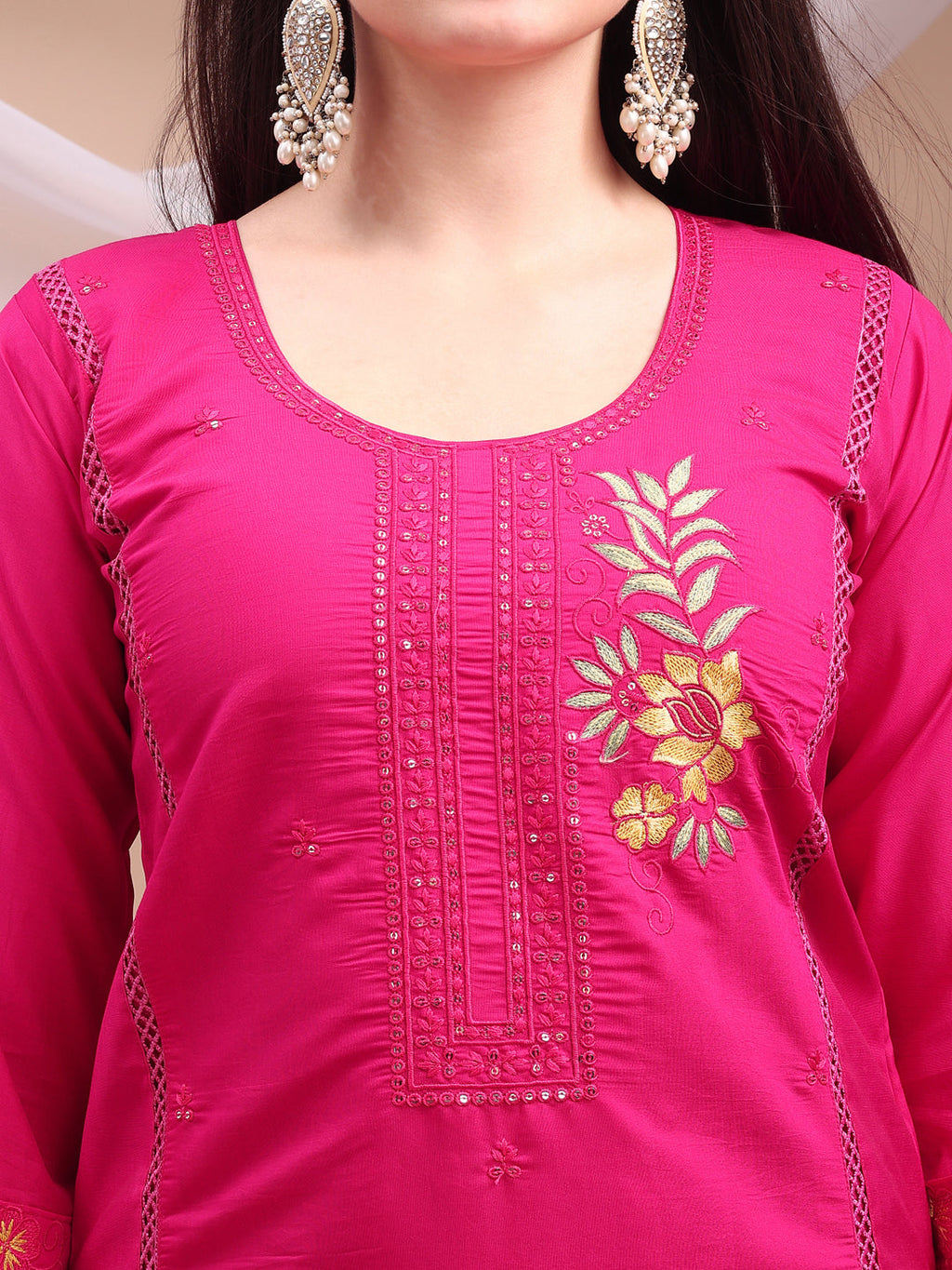 Embroidered Kurta With Pant & Organza Embroidered Dupatta, Pink - Hiral Fashion | Grocsy