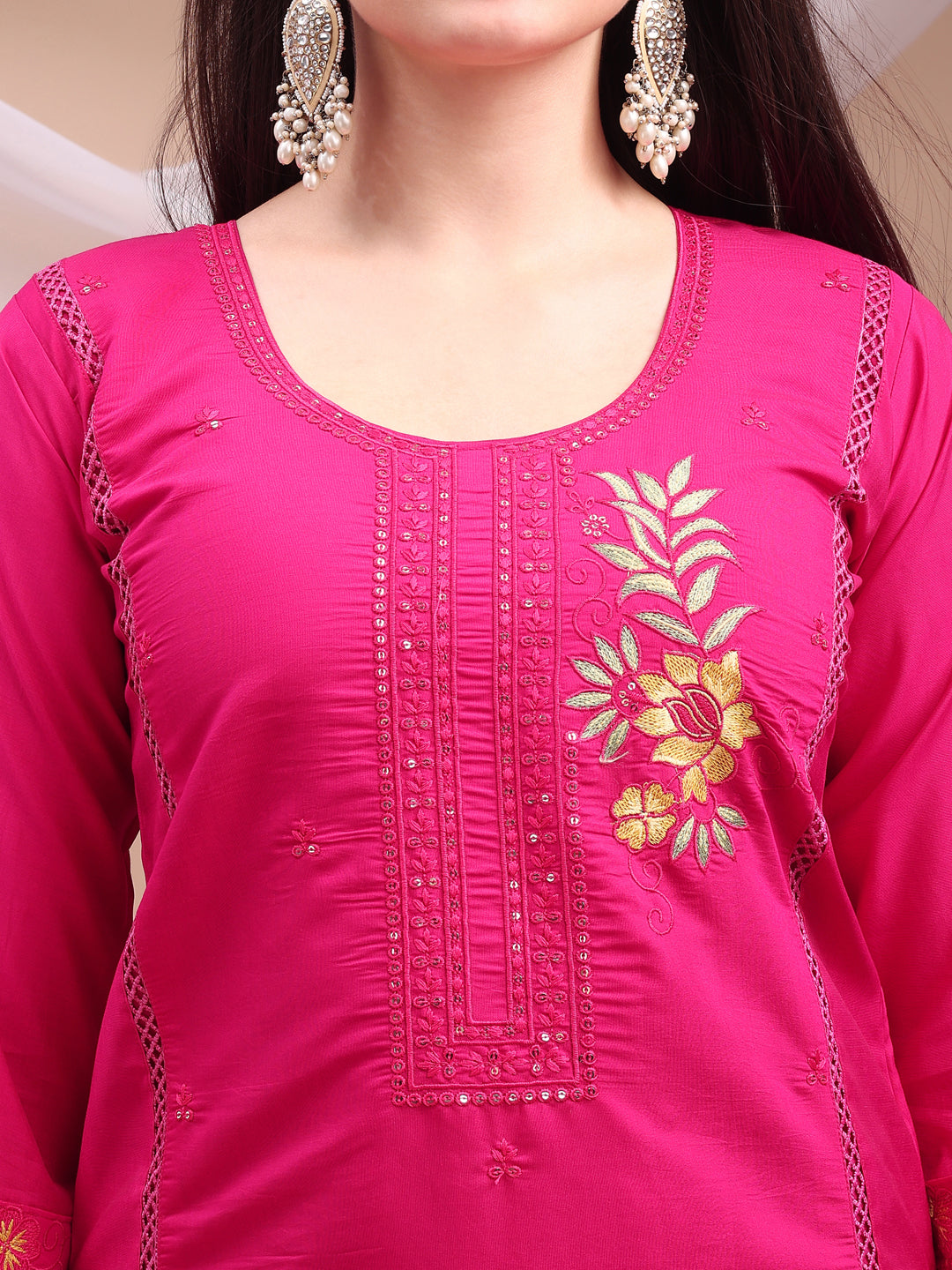 Embroidered Kurta With Pant & Organza Embroidered Dupatta, Pink - Hiral Fashion | Grocsy