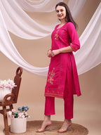 Embroidered Kurta With Pant & Organza Embroidered Dupatta, Pink - Hiral Fashion | Grocsy