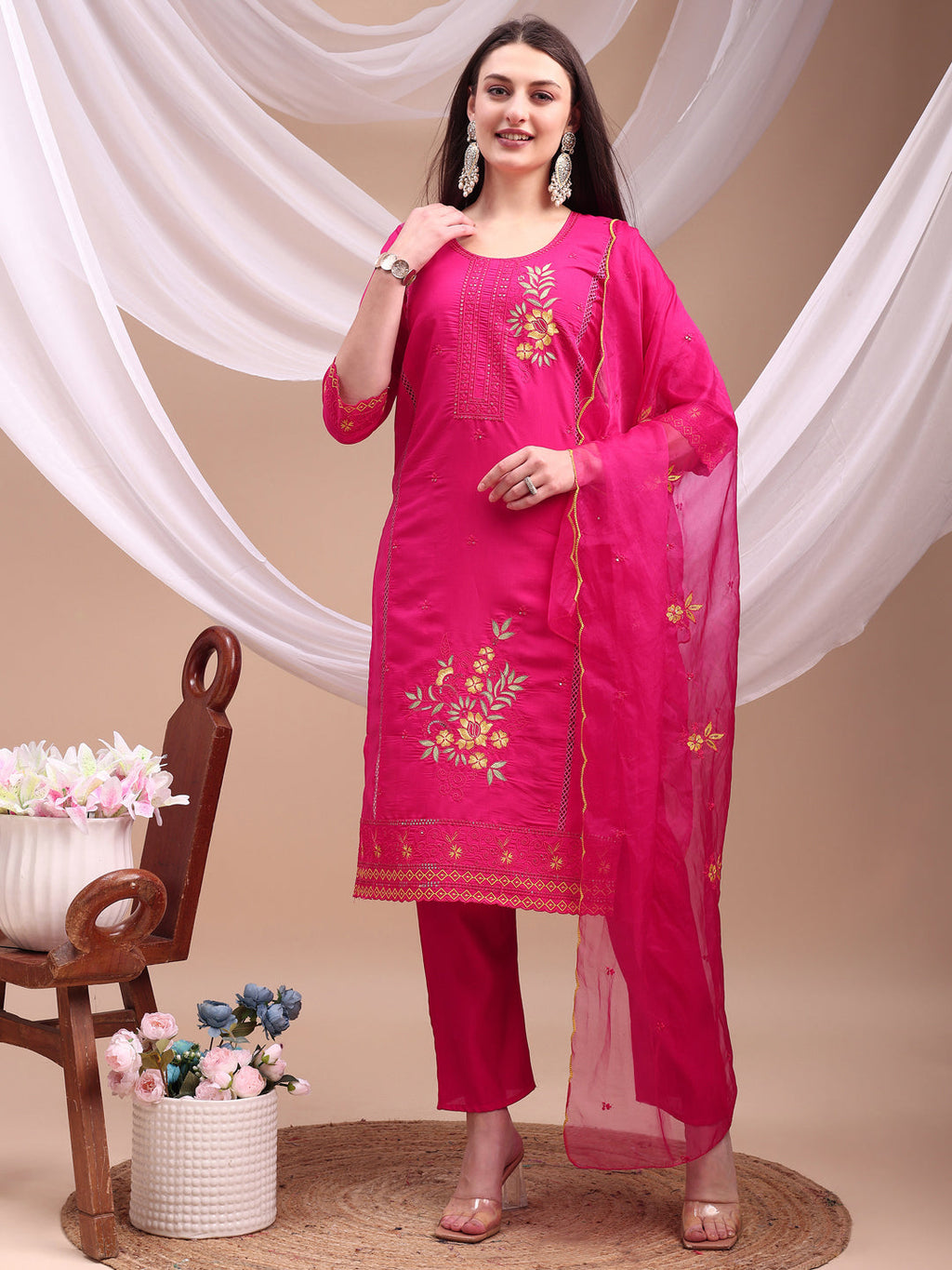 Embroidered Kurta With Pant & Organza Embroidered Dupatta, Pink - Hiral Fashion | Grocsy