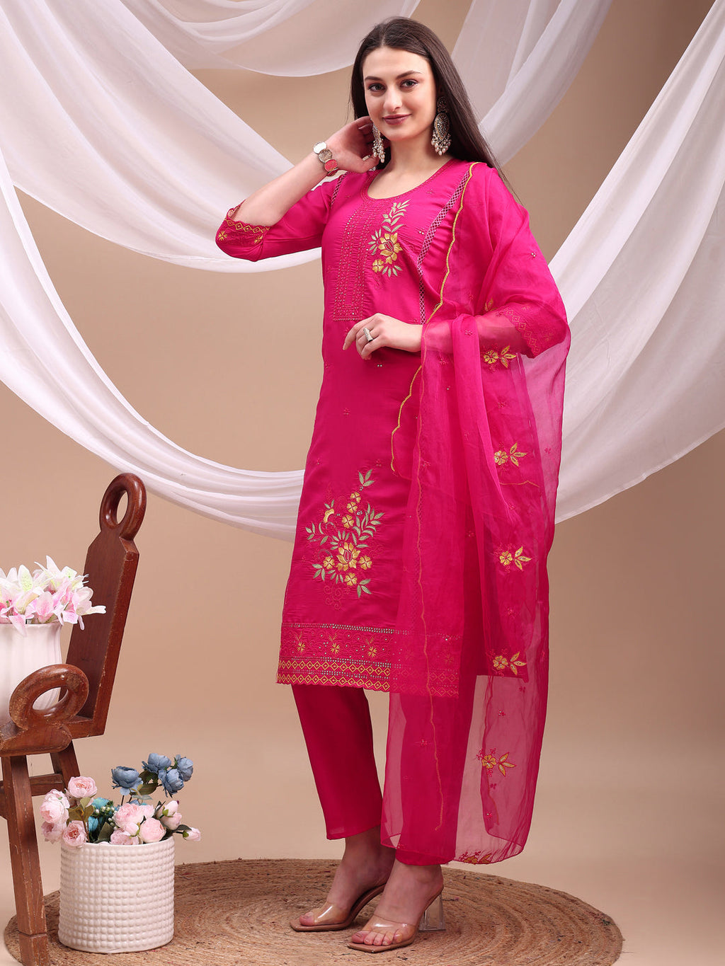 Embroidered Kurta With Pant & Organza Embroidered Dupatta, Pink - Hiral Fashion | Grocsy