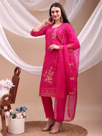 Embroidered Kurta With Pant & Organza Embroidered Dupatta, Pink - Hiral Fashion | Grocsy
