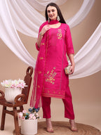 Embroidered Kurta With Pant & Organza Embroidered Dupatta, Pink - Hiral Fashion | Grocsy