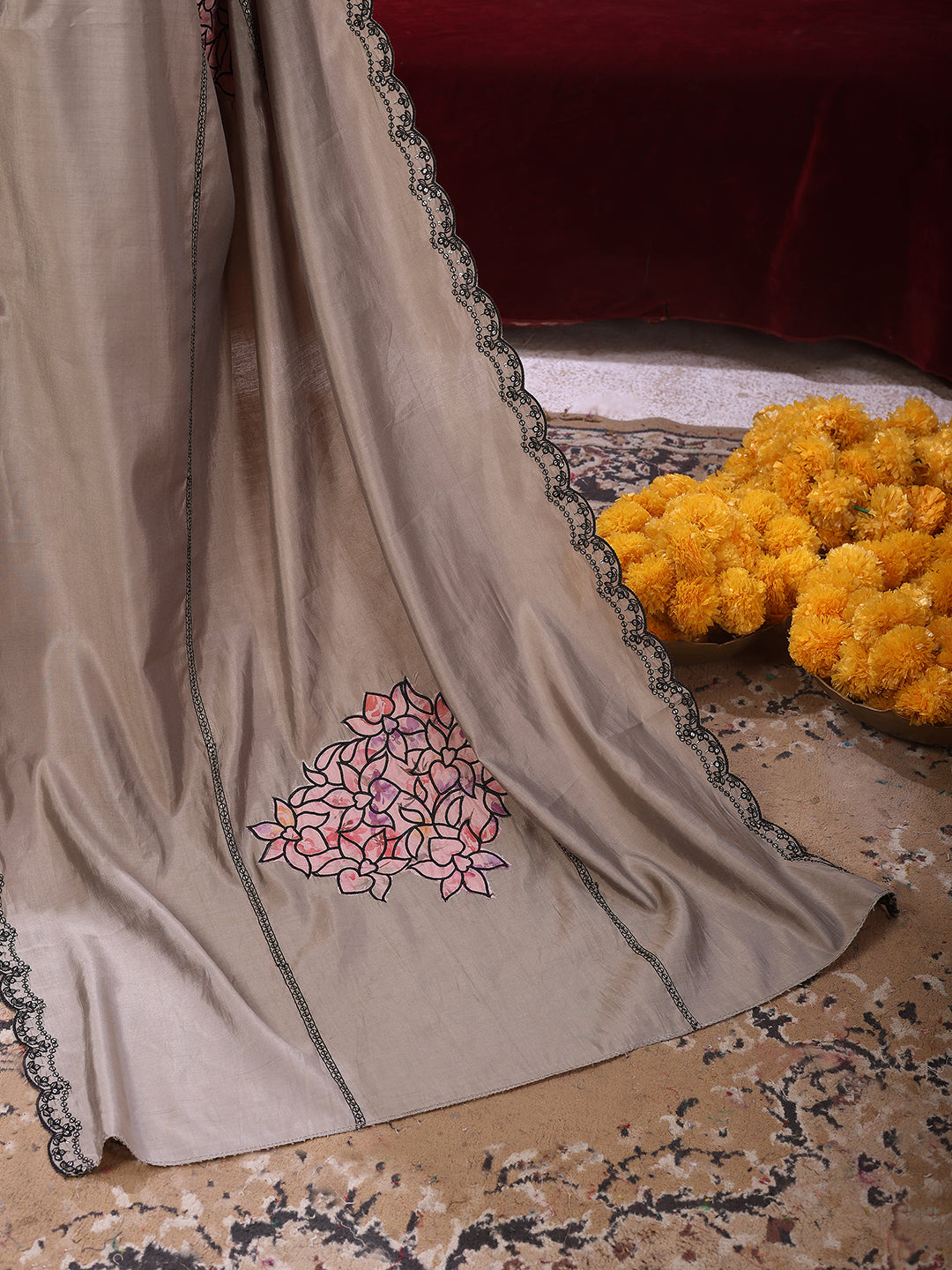 Taupe Floral-Embroidered Straight Suit Set With Lace-Bordered Dupatta And Tapered Pants, Taupe - Hiral Fashion | Grocsy