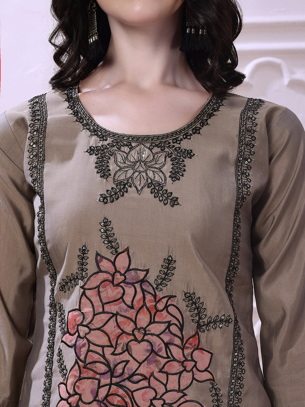 Taupe Floral-Embroidered Straight Suit Set With Lace-Bordered Dupatta And Tapered Pants, Taupe - Hiral Fashion | Grocsy