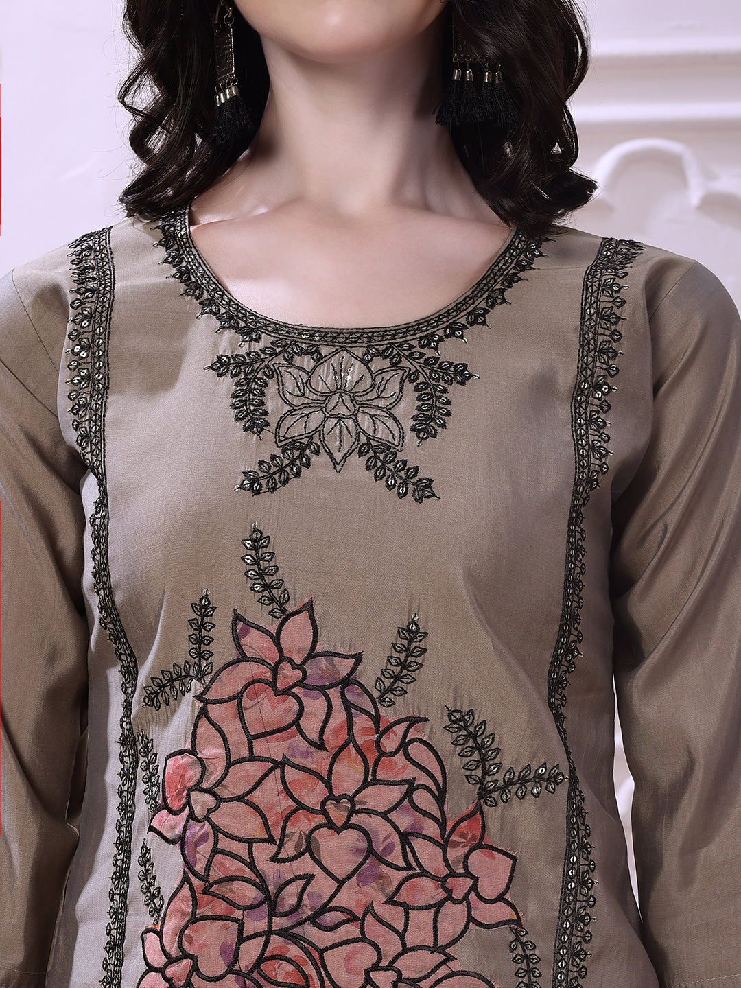Taupe Floral-Embroidered Straight Suit Set With Lace-Bordered Dupatta And Tapered Pants, Taupe - Hiral Fashion | Grocsy