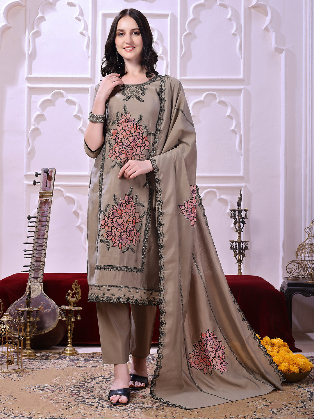 Taupe Floral-Embroidered Straight Suit Set With Lace-Bordered Dupatta And Tapered Pants, Taupe - Hiral Fashion | Grocsy