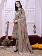 Taupe Floral-Embroidered Straight Suit Set With Lace-Bordered Dupatta And Tapered Pants, Taupe - Hiral Fashion | Grocsy