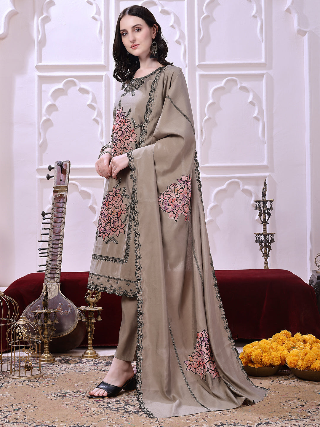Taupe Floral-Embroidered Straight Suit Set With Lace-Bordered Dupatta And Tapered Pants, Taupe - Hiral Fashion | Grocsy