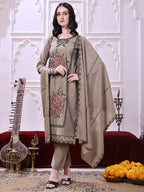 Taupe Floral-Embroidered Straight Suit Set With Lace-Bordered Dupatta And Tapered Pants, Taupe - Hiral Fashion | Grocsy