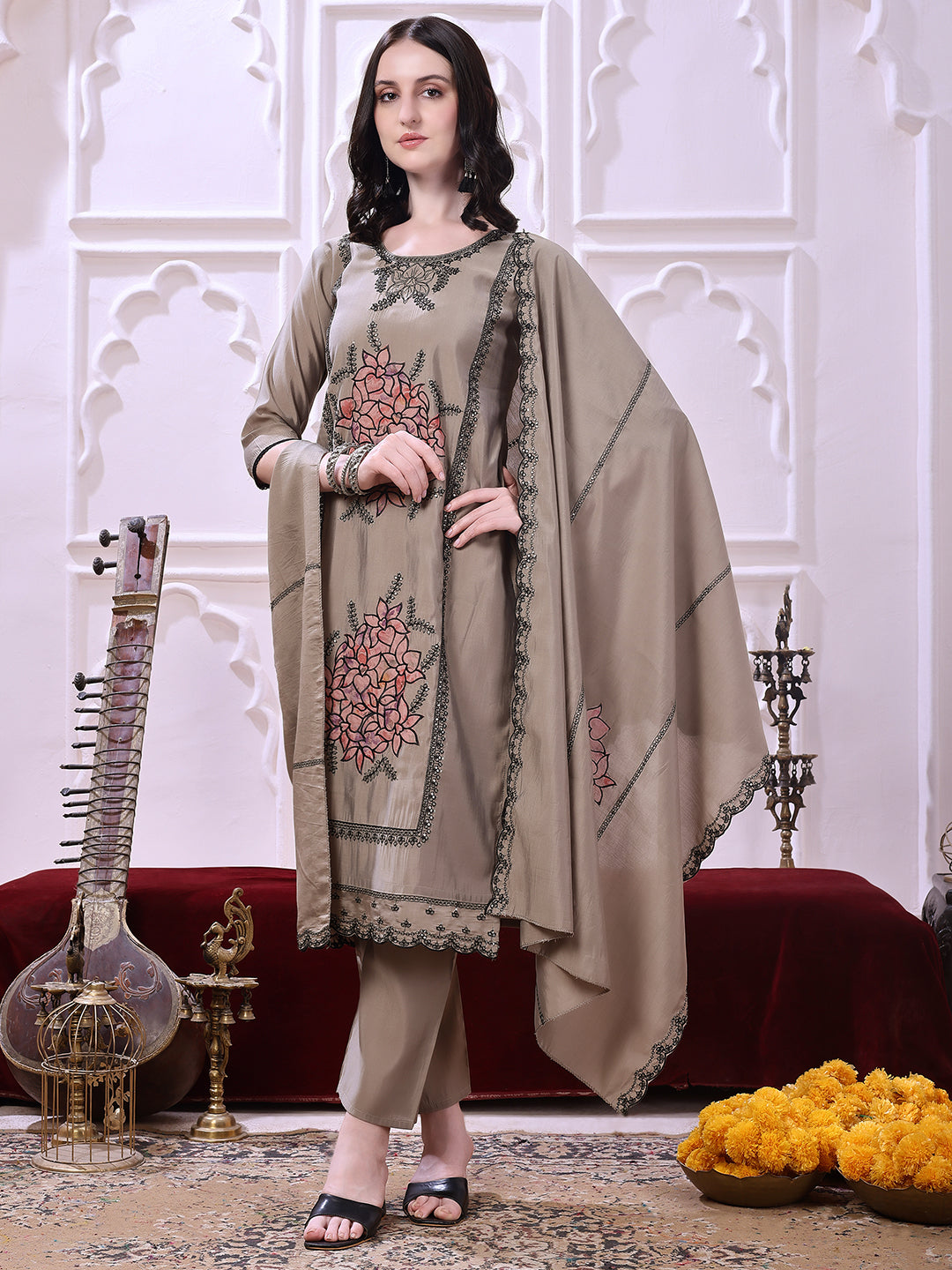 Taupe Floral-Embroidered Straight Suit Set With Lace-Bordered Dupatta And Tapered Pants, Taupe - Hiral Fashion | Grocsy
