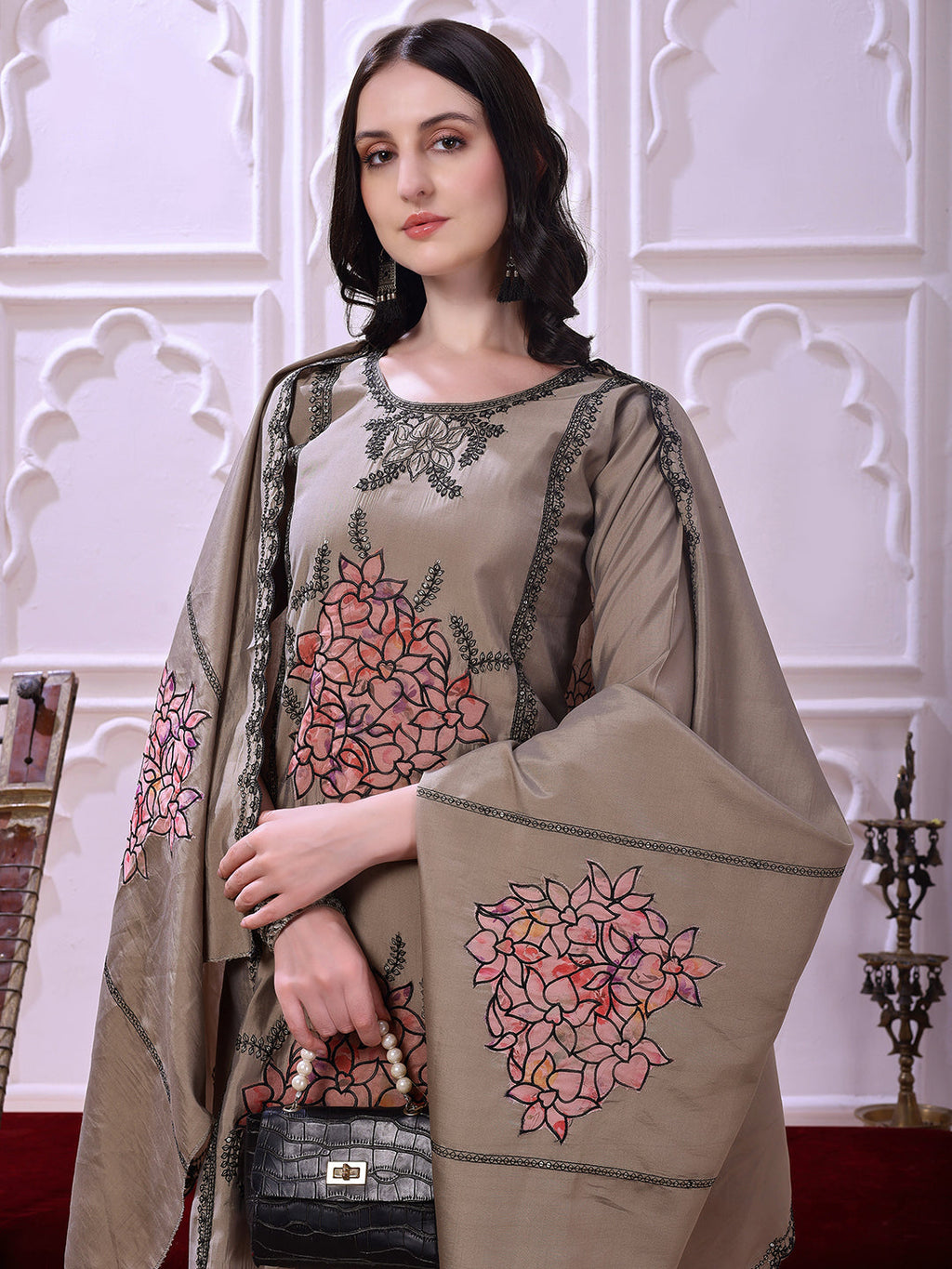 Taupe Floral-Embroidered Straight Suit Set With Lace-Bordered Dupatta And Tapered Pants, Taupe - Hiral Fashion | Grocsy