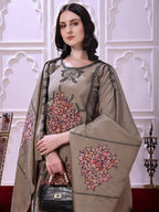 Taupe Floral-Embroidered Straight Suit Set With Lace-Bordered Dupatta And Tapered Pants, Taupe - Hiral Fashion | Grocsy