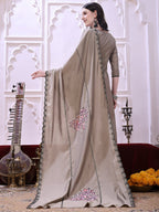Taupe Floral-Embroidered Straight Suit Set With Lace-Bordered Dupatta And Tapered Pants, Taupe - Hiral Fashion | Grocsy