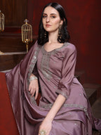 Straight Suit Set With Silver-Embroidered Kurta, Bordered Dupatta And Tapered Pant, Mauve - Hiral Fashion | Grocsy
